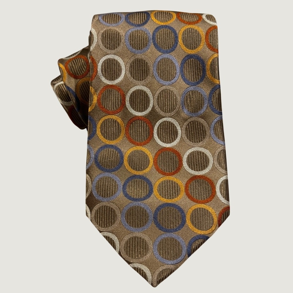 Michael Michael Kors Mens Silk Tie Brown Geometric Circles Blue Orange Silver